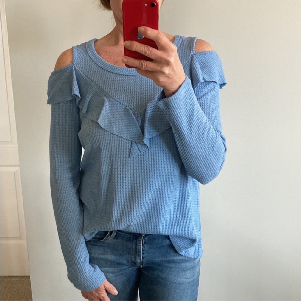 Women's Blue Ruffle Cold Shoulder Top - Picture 2 of 8